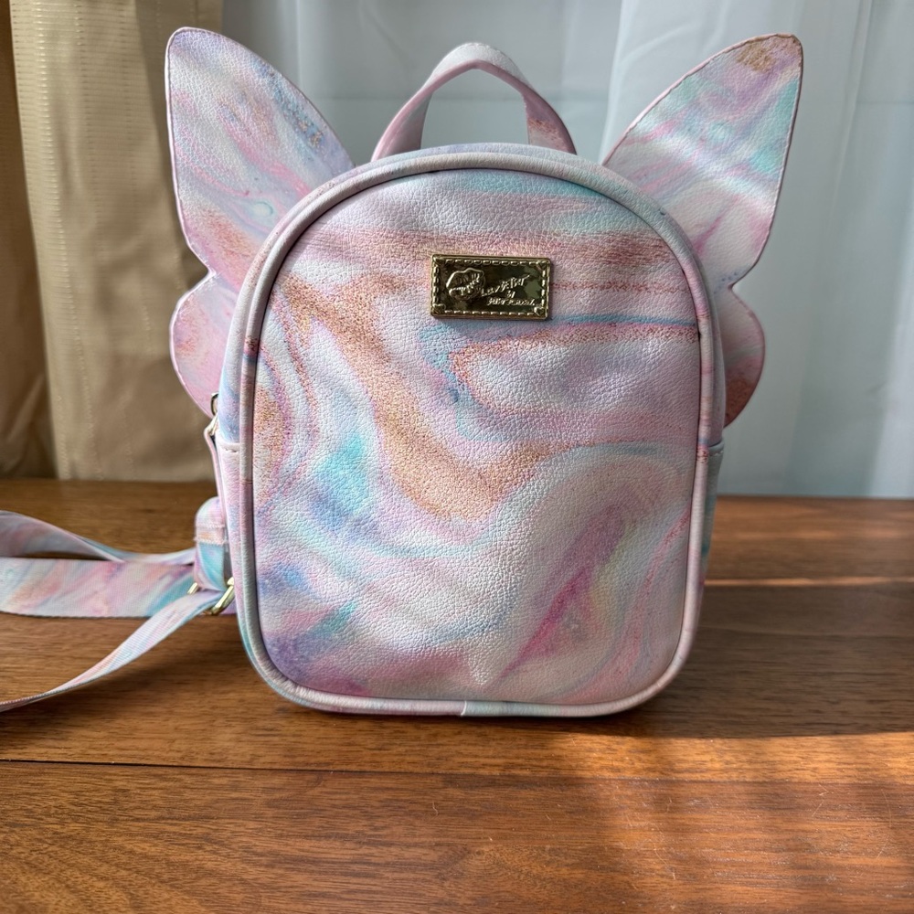 Betsey Johnson Pink Marble Butterfly Wings Mini Backpack Purse